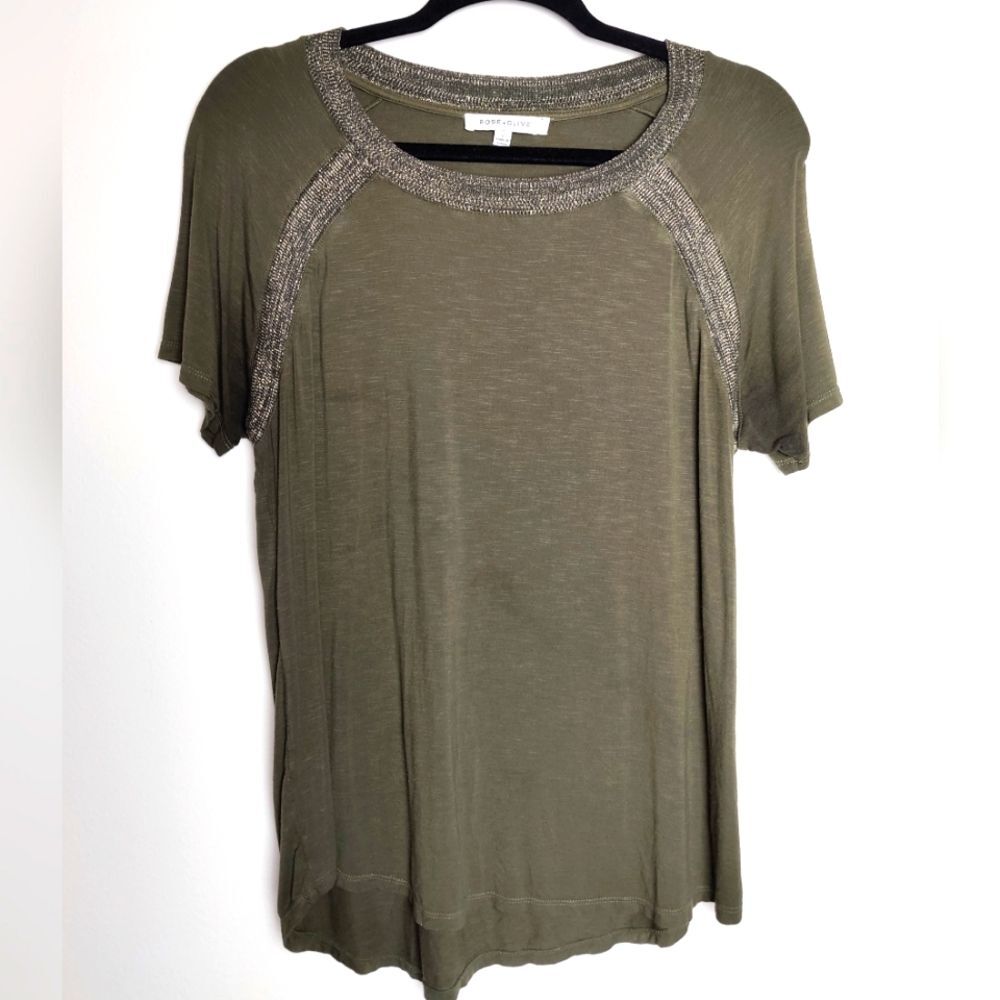 Rose + Olive Army Green Curved Hem T-shirt with Sparkle Knit Trim, Size L